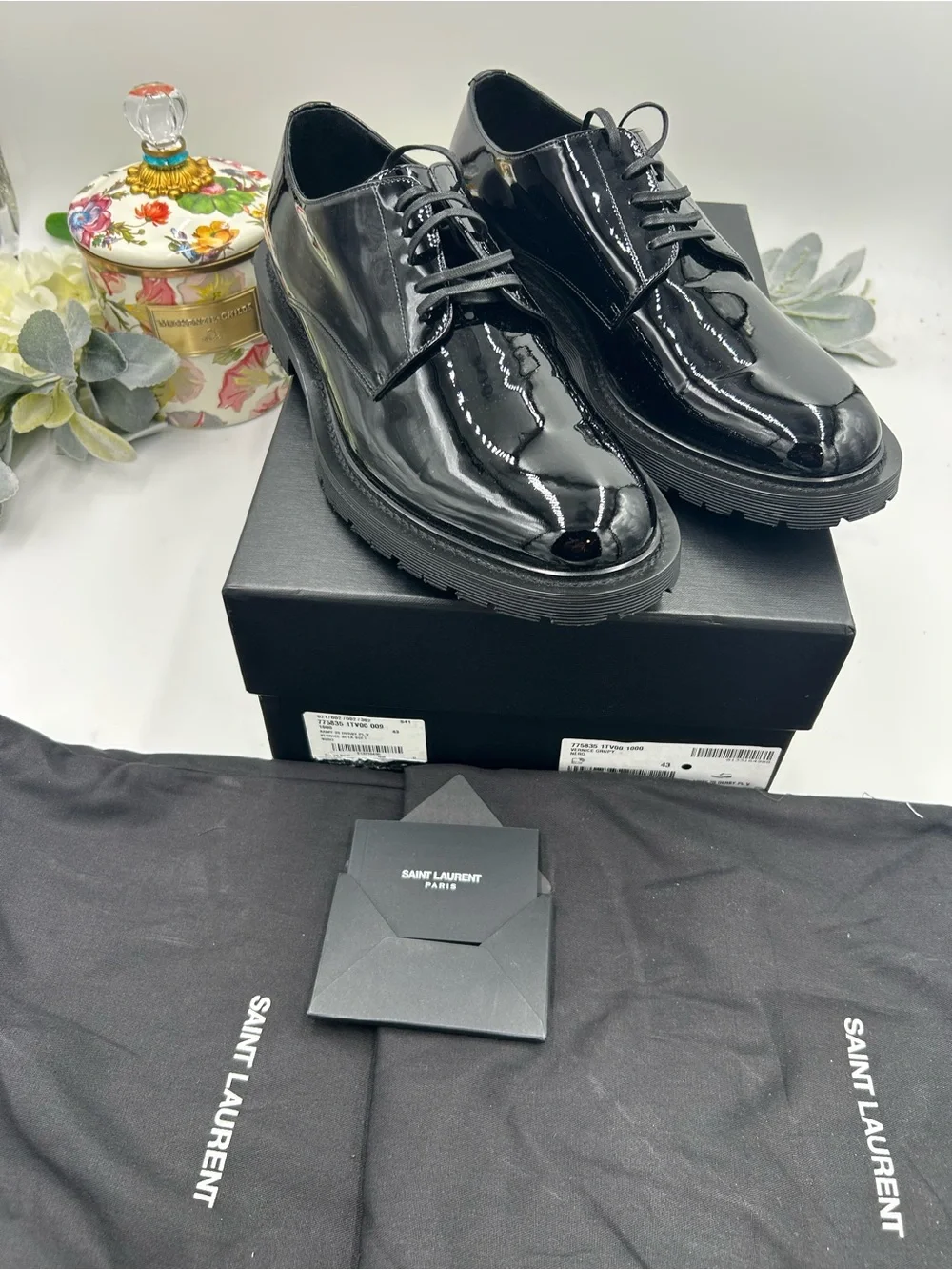 Men's Saint Laurent Black Patent Leather Derby Lace-Ups ridged sole size 43